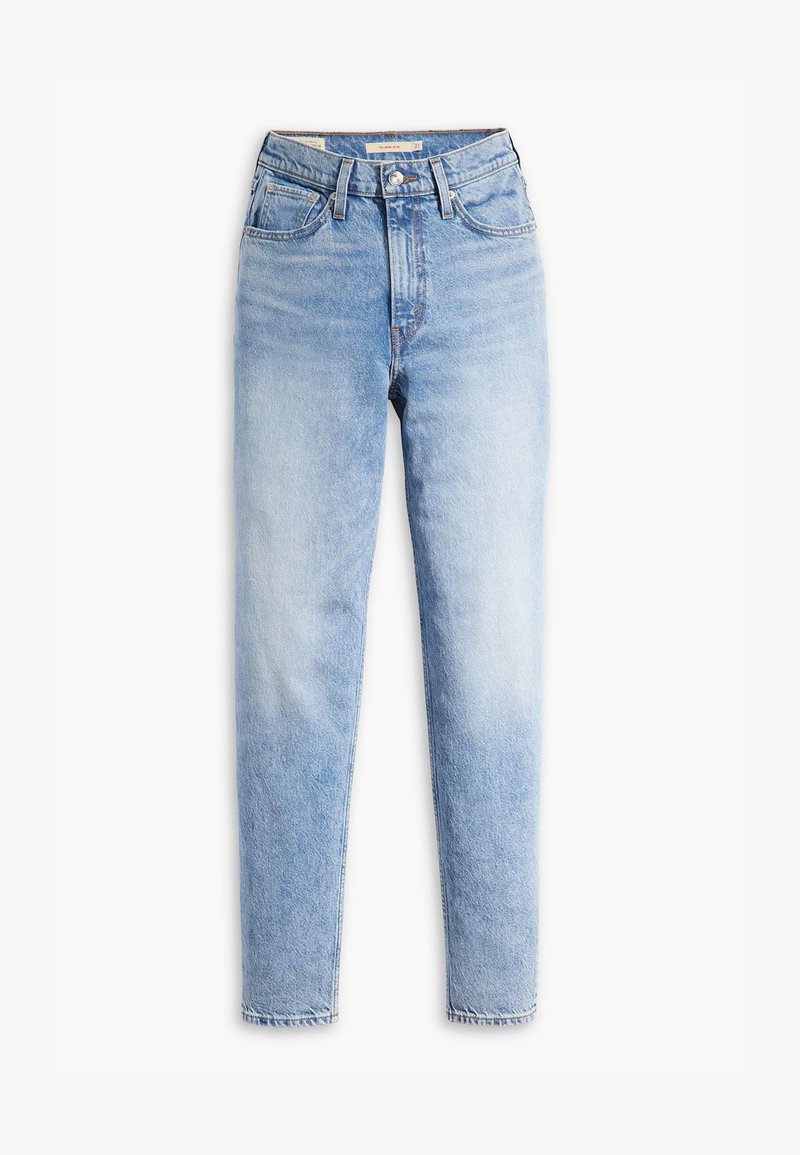 Light blue denim jeans with a high waist, straight leg, subtle fade, five pockets, and classic copper hardware detail at the waistband.