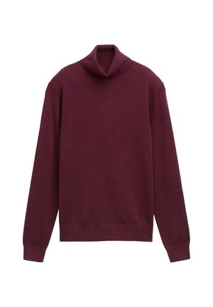 Pull en col roulé bordeaux en tissu tricot doux et extensible. Dispose d'un col haut, de manches longues et d'une finition côtelée à l'ourlet et aux poignets.