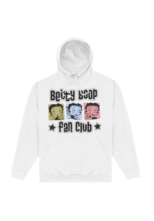 Biała bluza z kapturem z nadrukiem przedstawiającym cztery wizerunki Betty Boop w wielokolorowych kwadratach oraz tekstem "Klub Fanów Betty Boop" w kolorze czarnym.