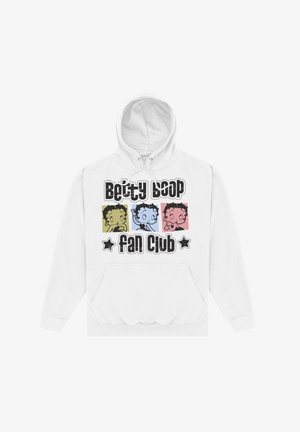 Sudadera con capucha blanca que presenta un diseño impreso con cuatro imágenes de Betty Boop en cuadrados multicolor y el texto "Betty Boop Fan Club" en negro.
