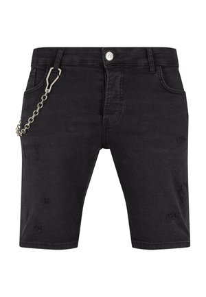 Sorte denim shorts med lige snit, der har slidte detaljer og en sølvkæde hængende fra bæltestropperne.