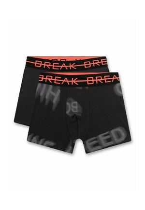 Schwarze Boxerbriefs mit einem elastischen Bund, auf dem in roten Buchstaben "BREAK" steht. Der Stoff hat eine glatte Textur mit einem dezenten Muster.