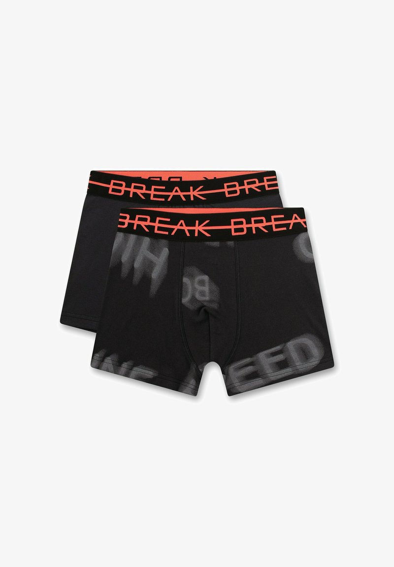 Black boxer briefs with an elastic waistband featuring "BREAK" in red text. The fabric has a smooth texture with a subtle design.