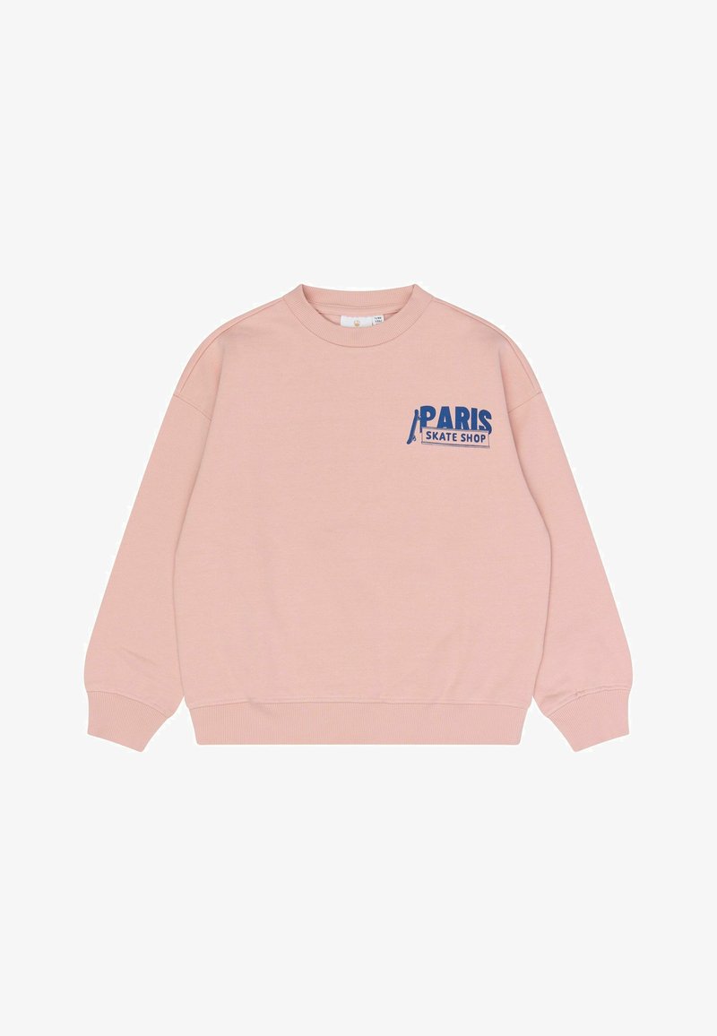 Sweatshirt rose à manches longues, poignets et ourlet côtelés. Présente un texte bleu "PARIS SKATE SHOP" sur la poitrine gauche. Matière en coton doux.