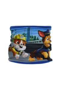 Fleece nekwarmer met cartoonhonden op een blauwe achtergrond, met een levendig ontwerp dat een lichtbruine hond en een donkerbruine hond toont.
