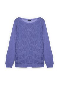Pulover tricotat mov, cu un model texturat, guler rotund și mâneci lungi. Materialul este moale, cu o croială ușor lejeră.