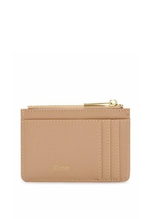 Beżowy skórzany etui na karty z złotym zamkiem błyskawicznym, trzema przegródkami na karty oraz tłoczonym logo "OCHNIK" w kolorze złotym na froncie.