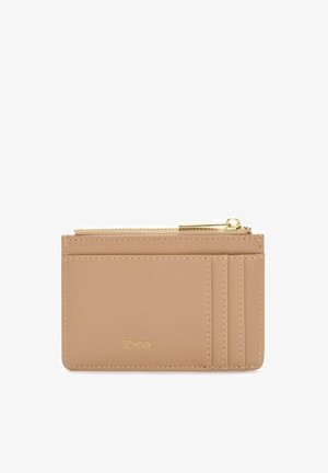 Beżowy skórzany etui na karty z złotym zamkiem błyskawicznym, trzema przegródkami na karty oraz tłoczonym logo "OCHNIK" w kolorze złotym na froncie.