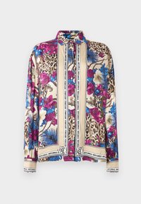 Langærmet skjorte med knaplukning, dekoreret med leopard-, blomster- og blå palmeprint samt beige paneler indrammet af lodrette "Just Cavalli" tekststriber.