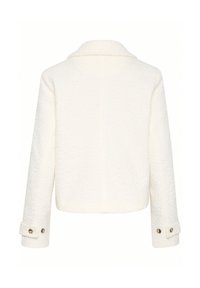 Veste raccourcie couleur crème en tissu texturé, avec un col cranté et des poignets boutonnés. Présente un design arrière épuré.