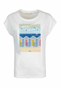 T-shirt bianco a maniche corte con una stampa colorata di una scena balneare che raffigura capanne da spiaggia, mare e barca. Realizzato in morbido cotone con vestibilità rilassata.