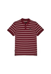 Bordowa koszulka polo z białymi poziomymi paskami, krótki rękaw i kołnierzyk; zawiera małe logo na piersi. Wykonana z miękkiego materiału.