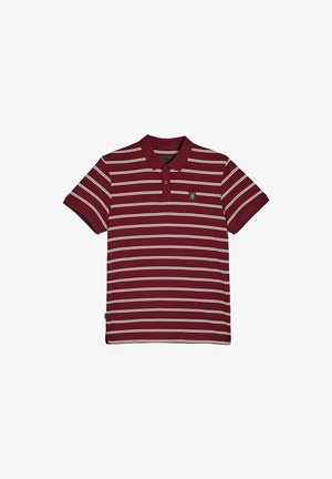 Bordowa koszulka polo z białymi poziomymi paskami, krótki rękaw i kołnierzyk; zawiera małe logo na piersi. Wykonana z miękkiego materiału.