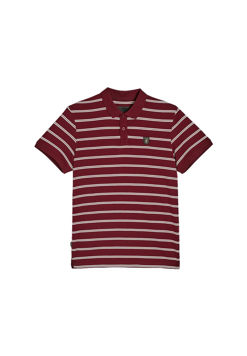 Bordowa koszulka polo z białymi poziomymi paskami, krótki rękaw i kołnierzyk; zawiera małe logo na piersi. Wykonana z miękkiego materiału.