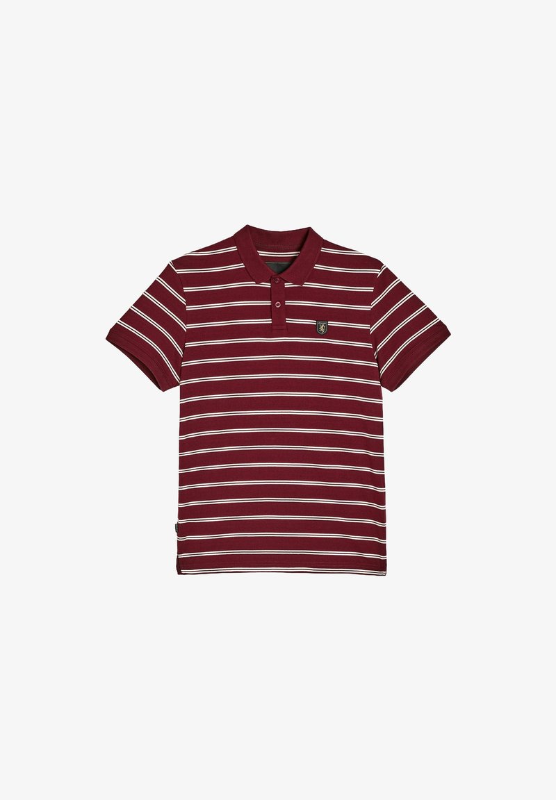 Bordowa koszulka polo z białymi poziomymi paskami, krótki rękaw i kołnierzyk; zawiera małe logo na piersi. Wykonana z miękkiego materiału.