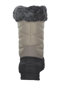 Beige Winterstiefel mit einem gesteppten Obermaterial aus Stoff, einem Kunstfellbund und einer strapazierfähigen schwarzen Gummisohle mit strukturiertem Profil.