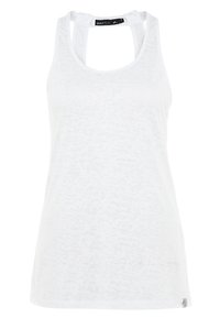 Biały top na ramiączkach z delikatną fakturą, wycięciem racerback i małym logo przy obszyciu. Miękka tkanina odpowiednia do aktywnego noszenia.