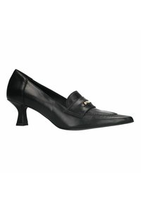 Black leather high heel shoe with a pointed toe, featuring a decorative strap and gold accent. The heel has a unique shape.