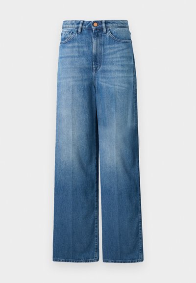 Τζιν παντελόνι από μπλε denim με ψηλή μέση και φαρδιές παντελόνες, κλείσιμο μπροστά με κουμπιά, θηλιές για ζώνη και διακριτική ξεθώριαση στους μηρούς και τα γόνατα.