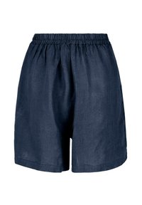 Pantaloni corti in lino leggero di colore blu navy con vita elastica, caratterizzati da una vestibilità ampia e rilassata e orli dritti. Texture liscia in tutto il capo.