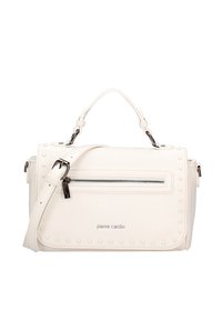 Borsa a tracolla in finta pelle bianca con superficie texture, tasca frontale con zip, borchie rotonde, tracolla rimovibile e manico corto.