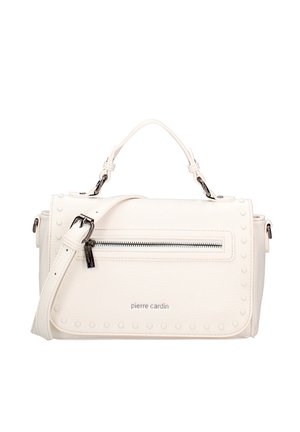 Borsa a tracolla in finta pelle bianca con superficie texture, tasca frontale con zip, borchie rotonde, tracolla rimovibile e manico corto.