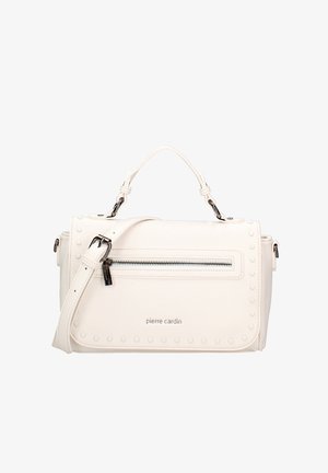 Sac à main en simili cuir blanc avec une surface texturée, poche zippée à l'avant, clous ronds, bandoulière amovible et petite poignée supérieure.