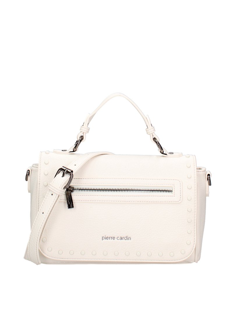 Borsa a tracolla in finta pelle bianca con superficie texture, tasca frontale con zip, borchie rotonde, tracolla rimovibile e manico corto.
