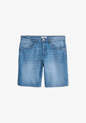 Jasnoniebieskie szorty dżinsowe z pięcioma kieszeniami, mosiężnymi nitami i zapięciem na guzik z przodu. Surowy krój na dole, średnie pranie z miękką teksturą.