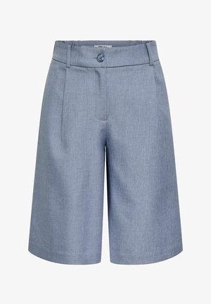 Shorts bleu clair, longueur genoux, coupe ajustée, avec bouton à l'avant et passants de ceinture, en tissu texturé.