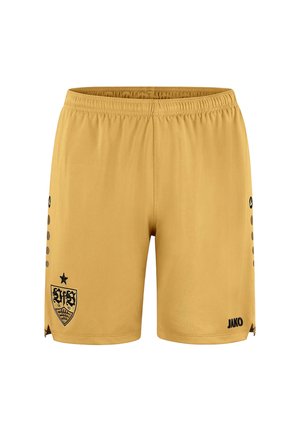 Guld sportsshorts med elastisk talje, sort logo på venstre ben og sort brandnavn på højre ben mod hvid baggrund.