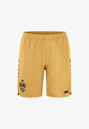 Goldene Sportshorts mit elastischem Bund, schwarzem Logo am linken Bein und schwarzem Markennamen am rechten Bein vor weißem Hintergrund.