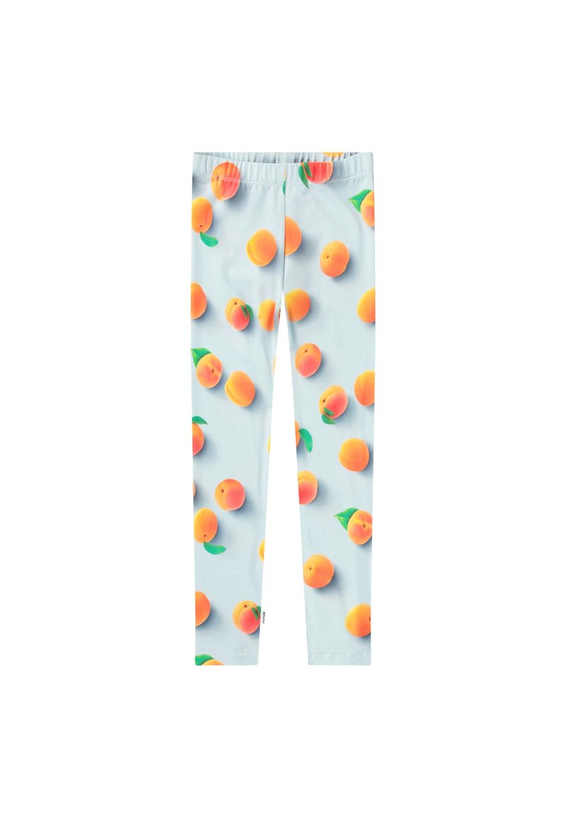 Leggings avec un fond bleu clair, arborant un motif répété d'illustrations d'orange pêche avec des feuilles vertes. Tissu doux et extensible.