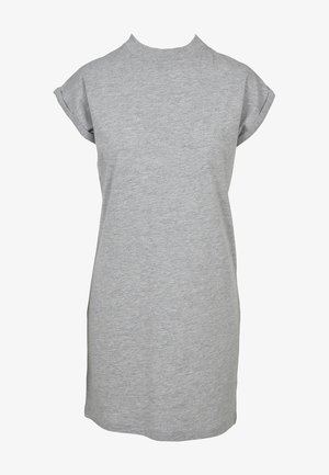 Grå kortærmet kjole med høj halsudskæring. Fremstillet af blødt stof, med en afslappet pasform og et enkelt, uudsmykket design.