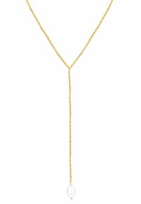 Gouden ketting met een gedraaide ontwerp, met een enkele ovalen witte parel aan het einde. De lengte is ongeveer tot halverwege de borst.