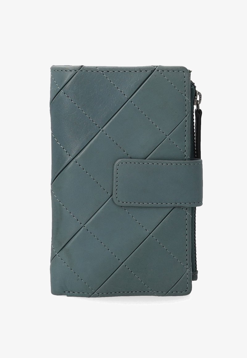Textured teal leather wallet with diamond pattern, featuring a front flap closure and zipper compartment on the side.