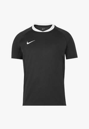 T-shirt de sport noir à manches courtes Nike avec col blanc et logo Nike blanc sur la poitrine et à l'intérieur de l'encolure.