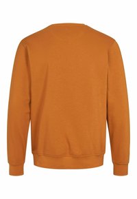Sweat-shirt uni orange-brun à manches longues et col rond, vu de dos avec poignets et ourlet côtelés.