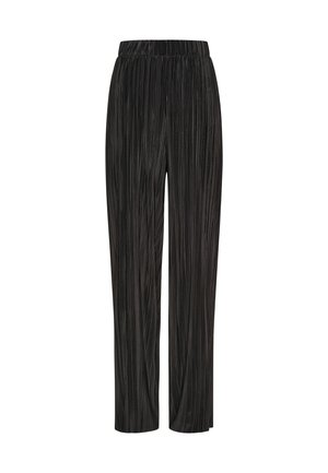 Juodos plisuotos kelnės su elastinga juosmena ir tiesiomis kojomis, su vertikaliomis briaunomis tekstūrai ir lygiam paviršiui.