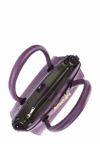 Borsa a tracolla viola in pelle con due manici, scomparti con zip e una texture liscia; fodera interna di colore chiaro; dettagli in oro.