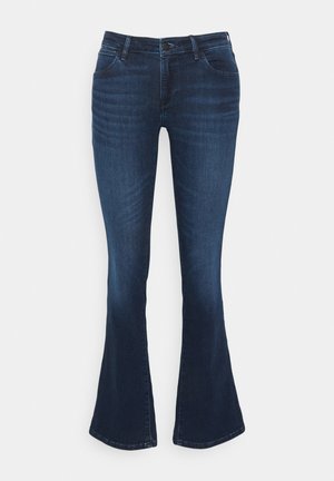 Jeans évasés en denim bleu foncé avec une taille ajustée, un design à cinq poches et des détails de décoloration subtils sur les cuisses.