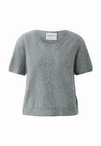 Grijze cashmere trui met korte mouwen, ronde hals, zachte textuur en minimalistisch ontwerp. Etiket zichtbaar bij de halslijn.