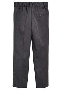 Pantalons grijs texturé avec une coupe fuselée, taille élastique, poche arrière unique avec bouton et détails de pli avant.