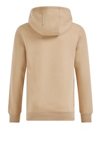 Beige hoodie med en slät textur. Har en känguruficka och ribbade ärmslut, med en subtil logodetalj längs sidan.