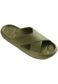Green rubber slide sandal with cross-over straps, contoured footbed, and textured sole. Lightweight design with smooth finish.