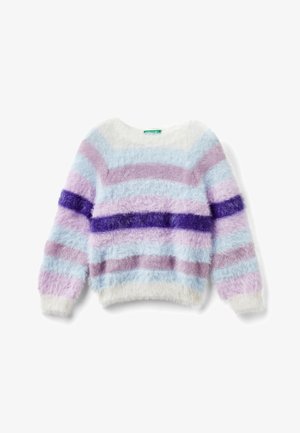 Blødt strikket sweater med vandrette striber i hvid, lyseblå, lavendel og mørk lilla, med lange ærmer og rund halsudskæring.