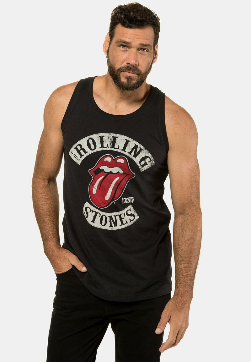 Černý bavlněný tílko s červeným a bílým logem Rolling Stones a designem jazyka, volný střih a žebrovaný kulatý výstřih.