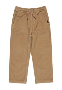Pantalon en velours côtelé beige avec taille élastique, cordon de serrage et deux poches avant. Présente une texture côtelée et une coupe droite.