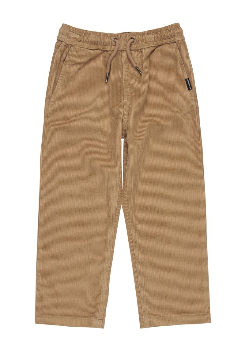 Pantalon en velours côtelé beige avec taille élastique, cordon de serrage et deux poches avant. Présente une texture côtelée et une coupe droite.