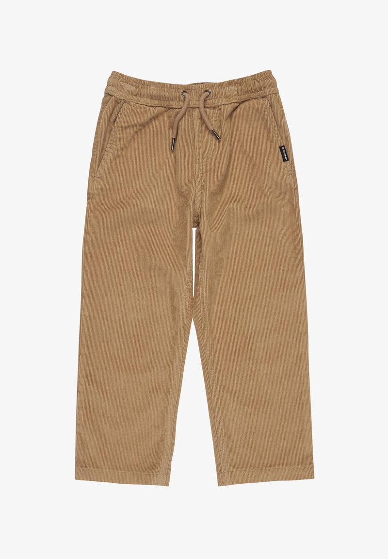 Pantalon en velours côtelé beige avec taille élastique, cordon de serrage et deux poches avant. Présente une texture côtelée et une coupe droite.